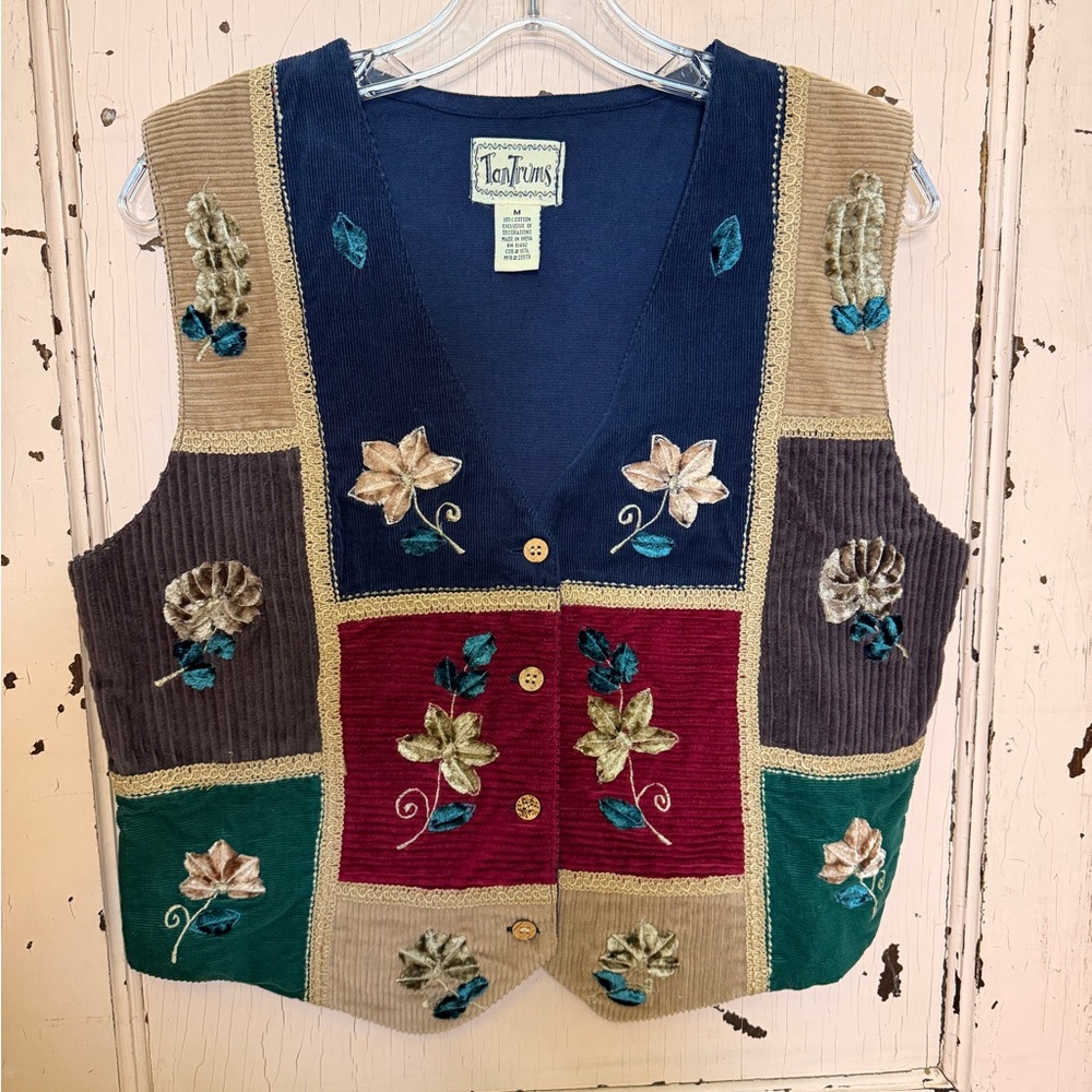 Vintage Tantrums Patchwork Corduroy Boho Floral Embroidered Vest
